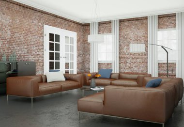 Modern oturma odası iç dizayn kahverengi deri koltuklar ile