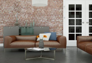 Modern oturma odası iç dizayn kahverengi deri koltuklar ile