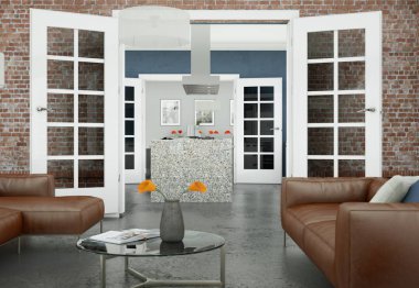 Modern oturma odası iç dizayn kahverengi deri koltuklar ile 3d çizim