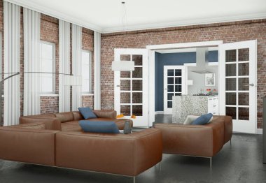 Modern oturma odası iç dizayn kahverengi deri koltuklar ile