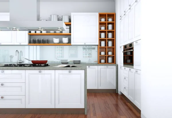 Witte moderne keuken in een appartement met mooi design — Stockfoto