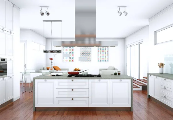 Cocina moderna blanca en un piso con hermoso diseño — Foto de Stock