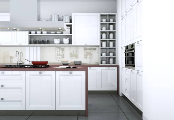 White modern dapur di flat dengan desain yang indah — Stok Foto