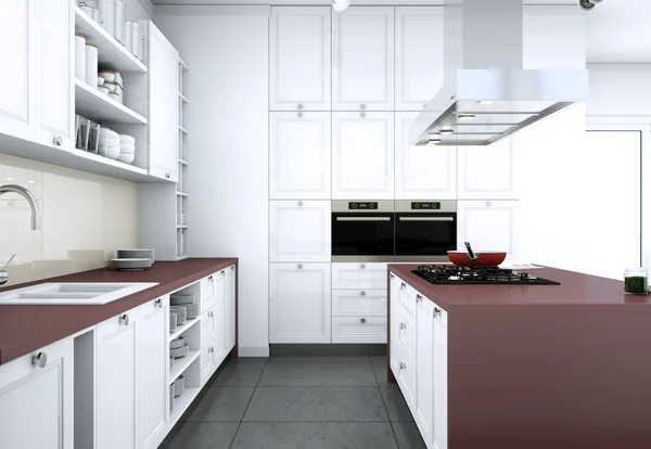 Біла сучасна кухня в квартирі з красивим дизайном — стокове фото