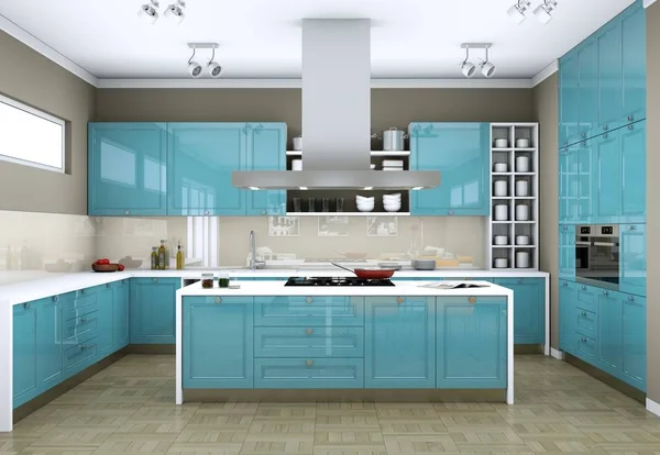 Blue modern kitchen in a flat with beautiful design — Stock Photo, Image