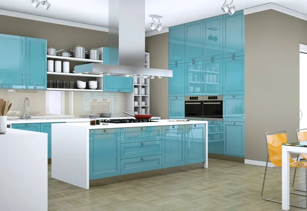 Blå modernt kök i en lägenhet med vacker design — Stockfoto