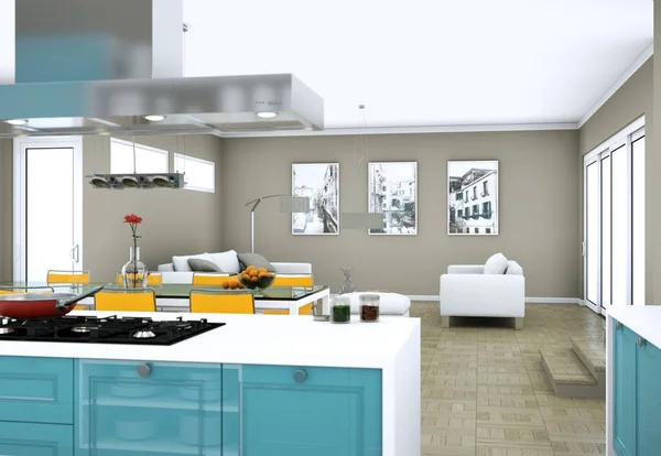 Blauwe moderne keuken in een appartement met mooi design — Stockfoto
