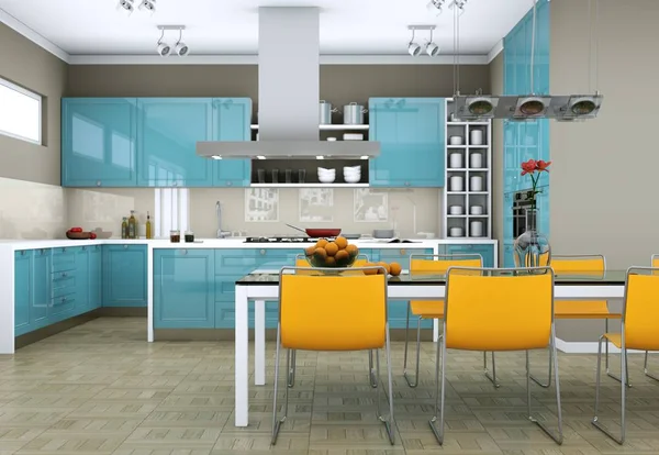 Blue modern kitchen in a flat with beautiful design — Stock Photo, Image