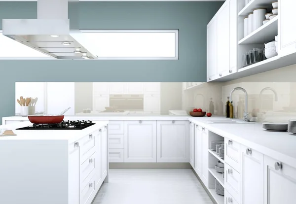 Biały, nowoczesna kuchnia w mieszkaniu piękny design — Zdjęcie stockowe