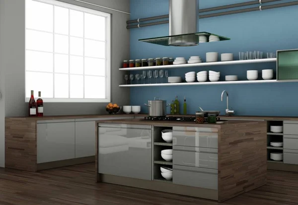 Cucina moderna grigia in un soppalco con un bel design — Foto Stock