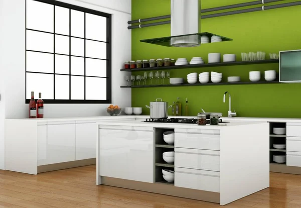 White modern kitchen in a loft with a green wall — Stock Photo, Image