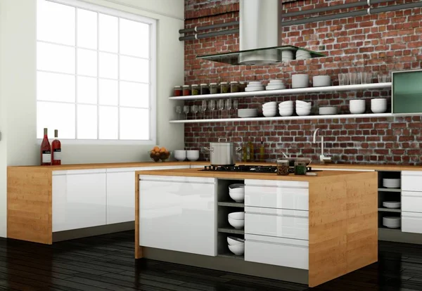White modern kitchen in a loft with a stonewall — Stock Photo, Image