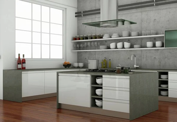 Cucina moderna grigia in un soppalco con un bel design — Foto Stock