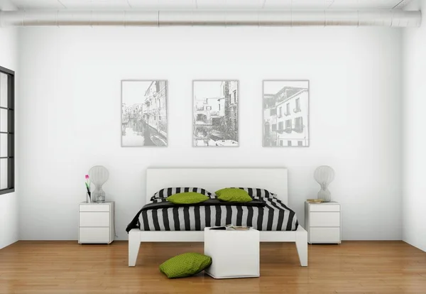 Modernes Schlafzimmer mit 3 Fotorahmen an der Wand — Stockfoto