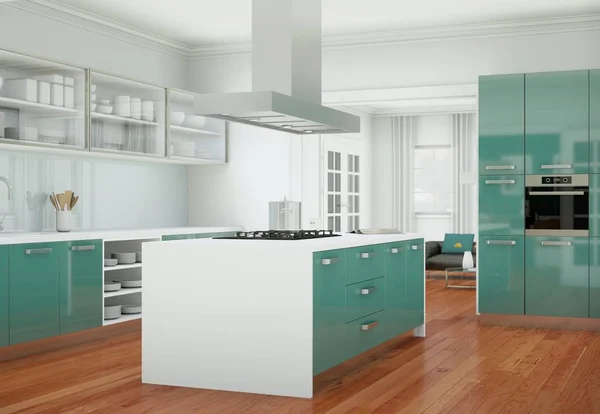 Cozinha verde moderna em um apartamento com belo design — Fotografia de Stock