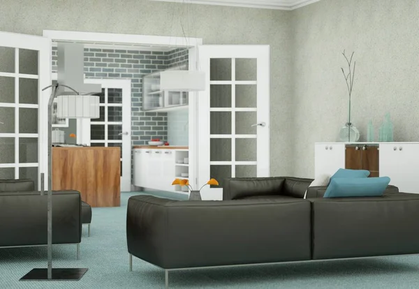 Design de interiores moderna sala de estar com sofás de couro preto — Fotografia de Stock