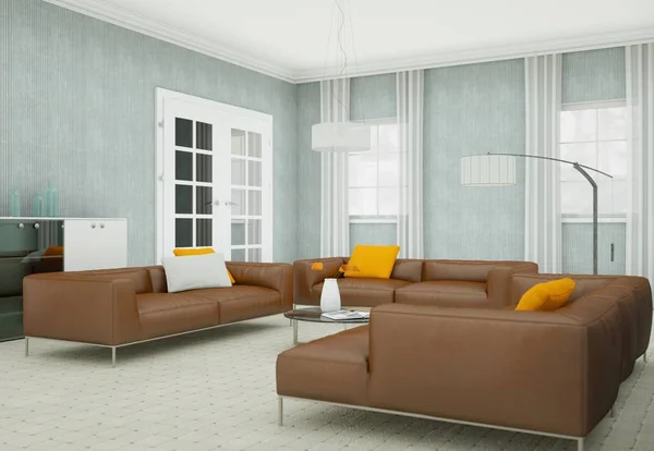 Diseño interior moderno salón con sofás de cuero marrón — Foto de Stock