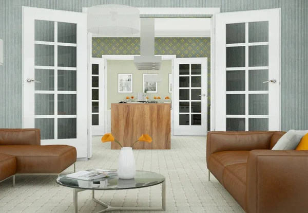 Diseño interior moderno salón con sofás de cuero marrón — Foto de Stock