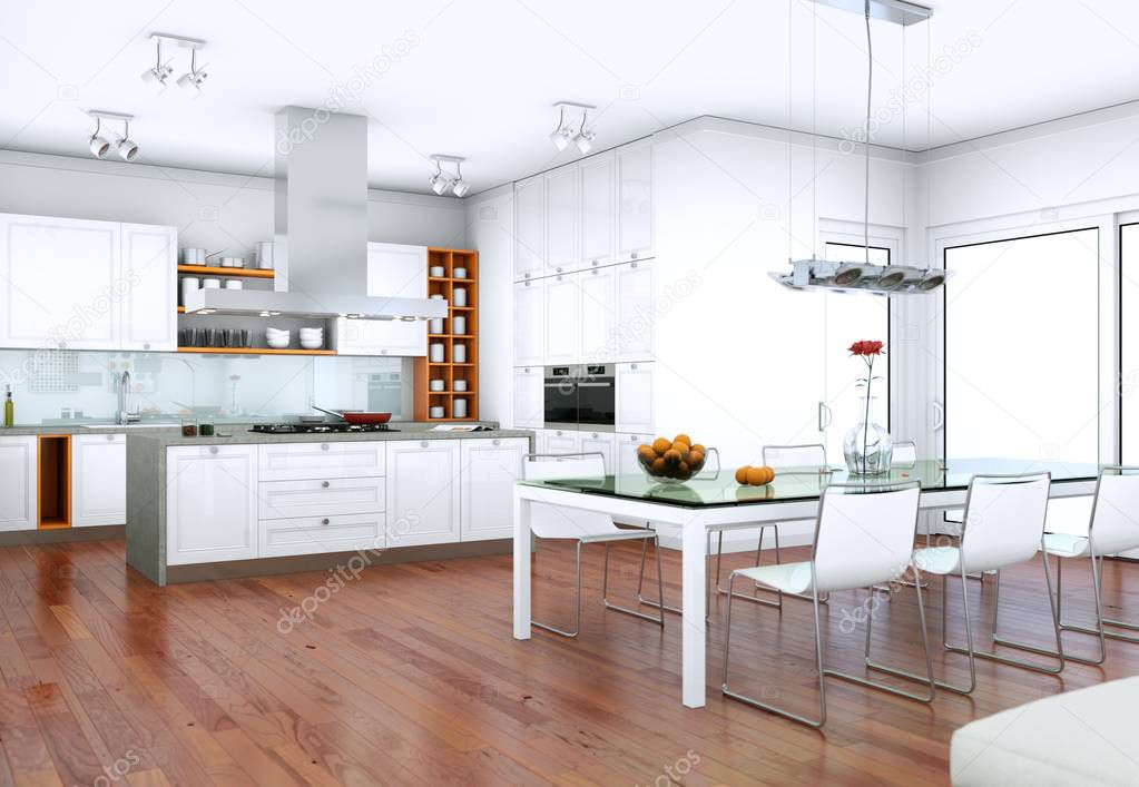 White modern kitchen in a flat with beautiful design