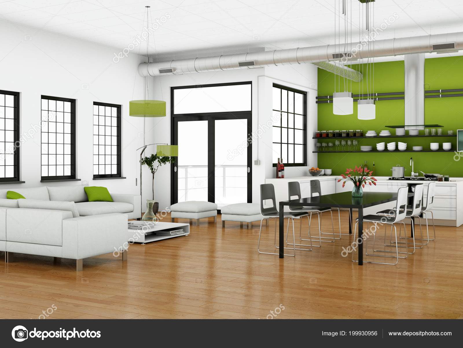 Diseño de interiores moderno luminoso living-comedor con sofás ... Diseño de interiores moderno luminoso living-comedor con sofás ...