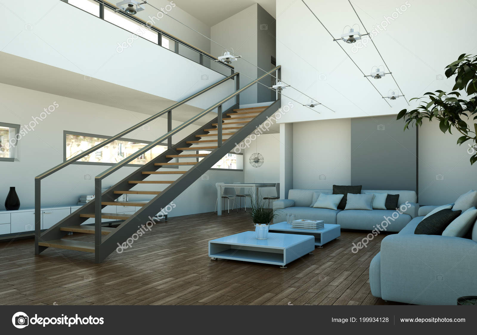 Modern Bright Loft Interior Design With Stairway To Second
