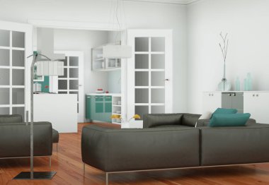 Modern oturma odası iç dizayn kahverengi deri koltuklar ile