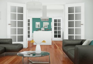 Modern oturma odası iç dizayn kahverengi deri koltuklar ile