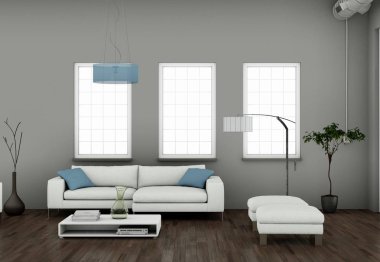 Modern aydınlık oturma odası iç tasarım kanepeler ile