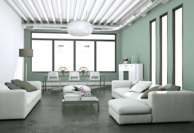 Modern aydınlık oturma odası iç tasarım kanepeler ve gri duvarlar ile