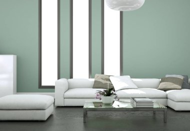 Modern aydınlık oturma odası iç tasarım kanepeler ve gri duvarlar ile