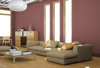 Modern aydınlık oturma odası iç tasarım kanepeler ve kırmızı duvarlar ile