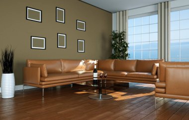 Modern parlak oda iç dizayn kahverengi deri koltuk ile