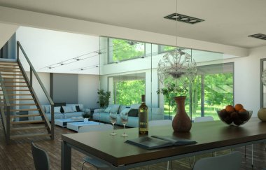 İkinci kata merdiven ile modern parlak çatı iç tasarım