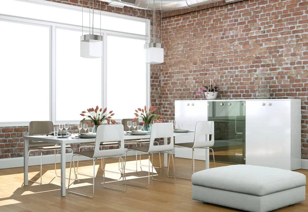 Comedor diseño interior en loft moderno con paredes de piedra — Foto de Stock