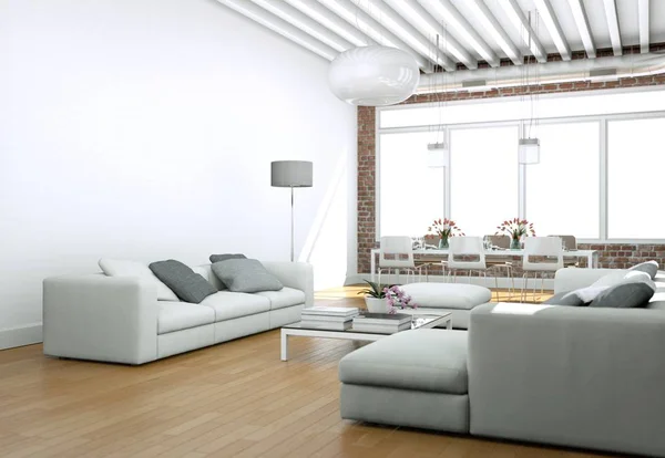 モダンな明るいリビングの部屋のソファでインテリア デザインとストーンウォール — ストック写真