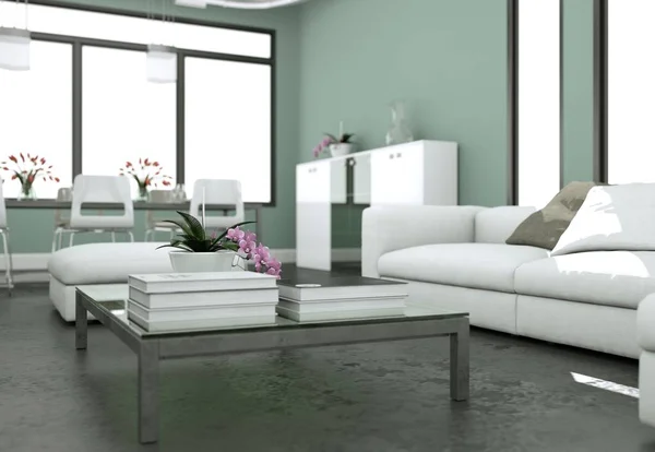 Moderno diseño interior luminoso salón con sofás y paredes grises — Foto de Stock