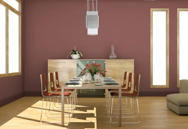 Moderno diseño interior luminoso salón con sofás y paredes rojas — Foto de Stock