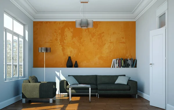 Design intérieur moderne et lumineux avec canapé et mur orange — Photo