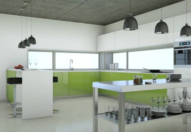 Çatı katında güzel tasarım ile yeşil modern mutfak