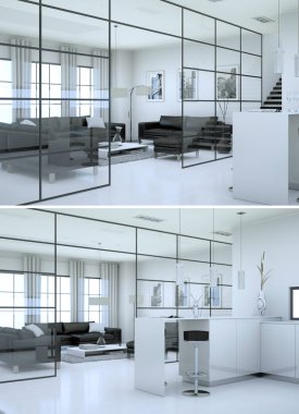 3d render siyah beyaz modern iç loft iki görünümünü Tasarla
