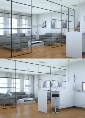 Modern iç iki görünümünü tasarım gri kanepeler ile çatı