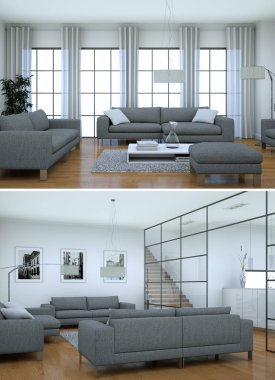 Modern iç iki görünümünü tasarım gri kanepeler ile çatı