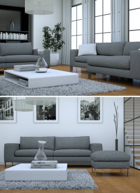 Modern iç iki görünümünü tasarım gri kanepeler ile çatı