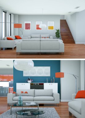 Modern renkli iç iki görünüm çatı tasarım kanepeler ile 3d render
