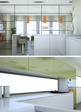 Modern beyaz mutfak iç tasarım iki kez bakıldı