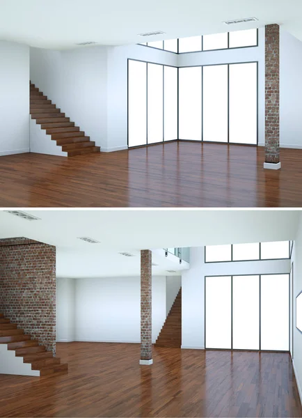 Dwa widoki, nowoczesne wnętrza na poddaszu projekt z klatek schodowych — Zdjęcie stockowe