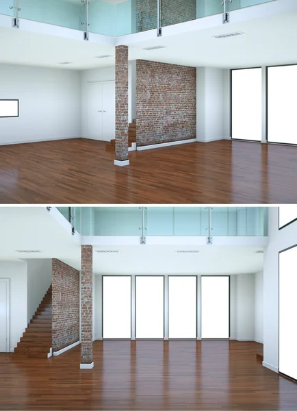 Dva pohledy moderního interiéru patrová konstrukce s schodiště — Stock fotografie