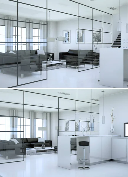 Twee Weergaven Van Zwart Wit Modern Interieur Loft Ontwerpen Rendering — Stockfoto