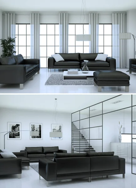 Two views of black and white modern interior loft design — Stock Photo, Image