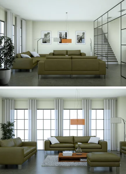 Două vederi ale designului modern al mansardei interioare cu canapele verzi — Fotografie, imagine de stoc